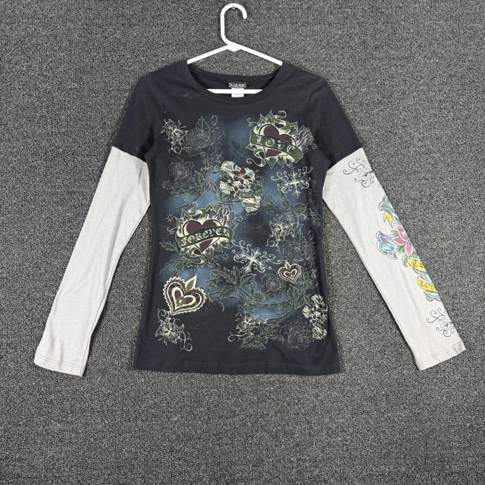 Ed Hardy Style Womens L Y2K Tattoo Graphic Long Sleeve Layered Tee Beverly Hills